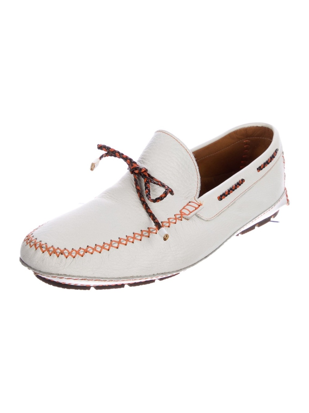Moreschi Italian White Leather Moccasin Loafers with Orange/Red Stitching